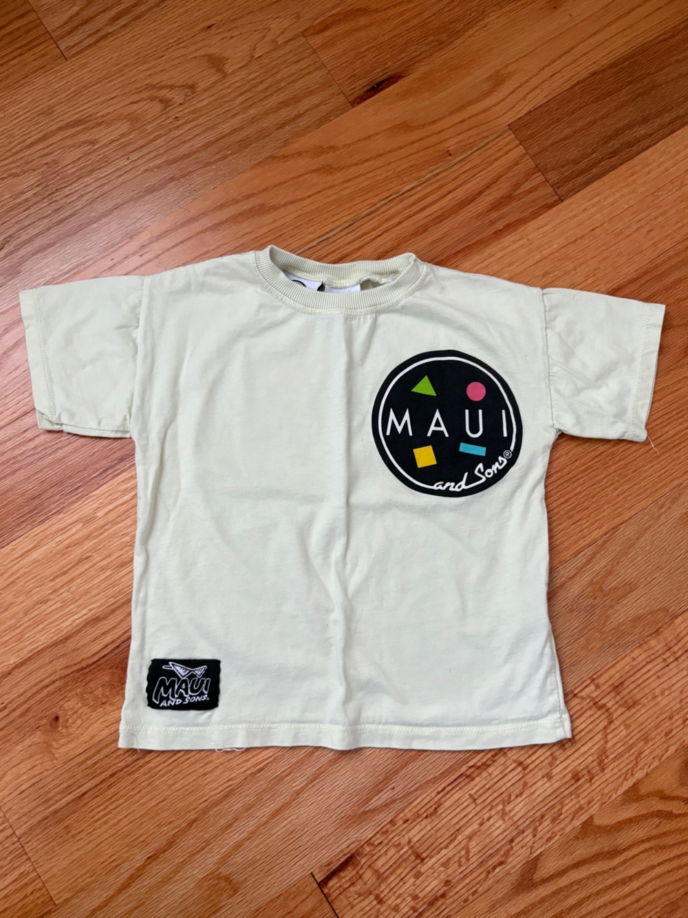 Maui and Sons Faded Yellow Tee with Colorful Geometric Logo